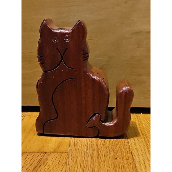 Vintage Wooden Cat Shaped Puzzle Trinket Box, 2.5" 4.5" x 4" - Picture 2 of 11